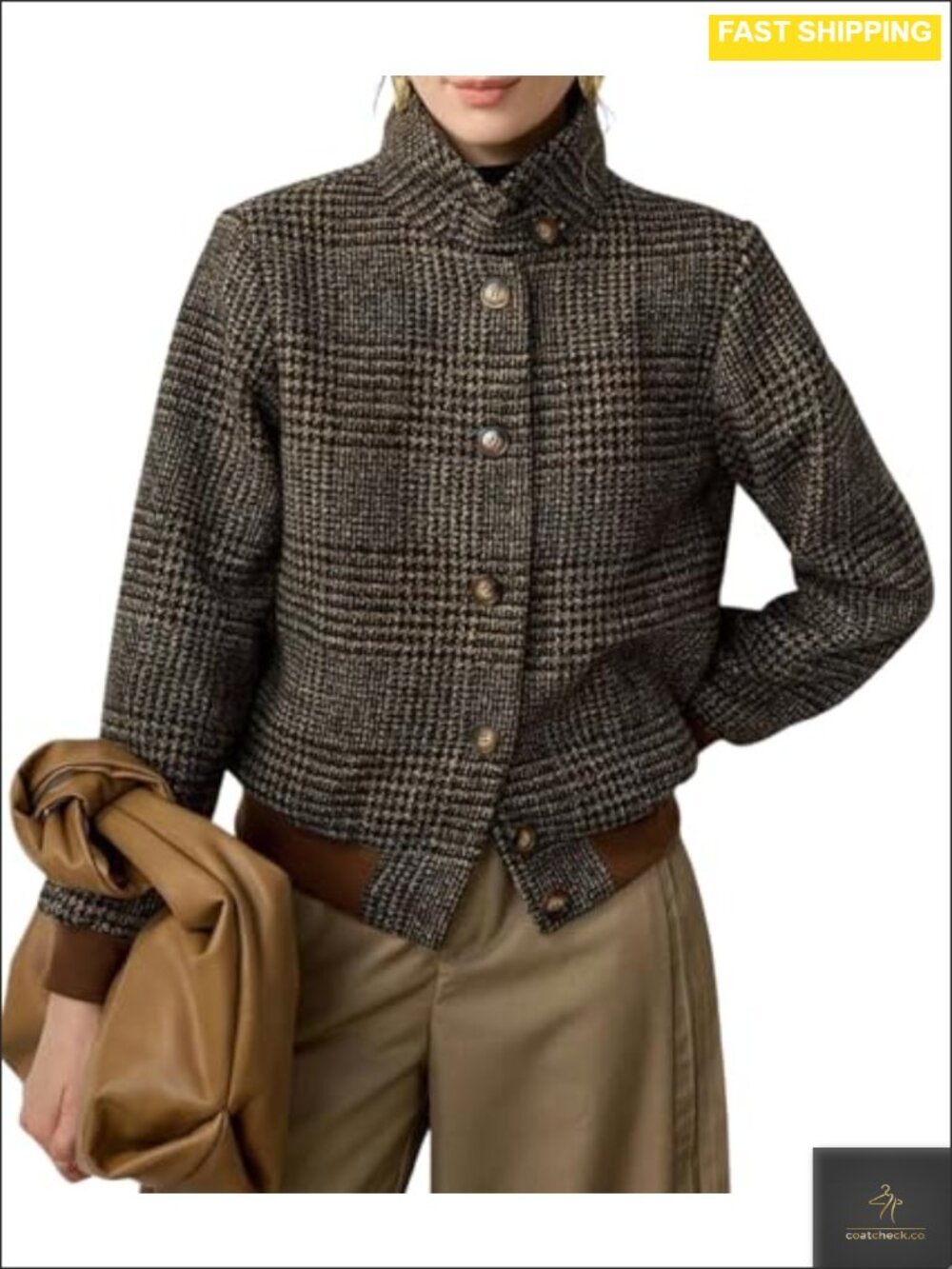 Wool Blend Plaid Bomber Jacket Cropped Business Casual Coat
